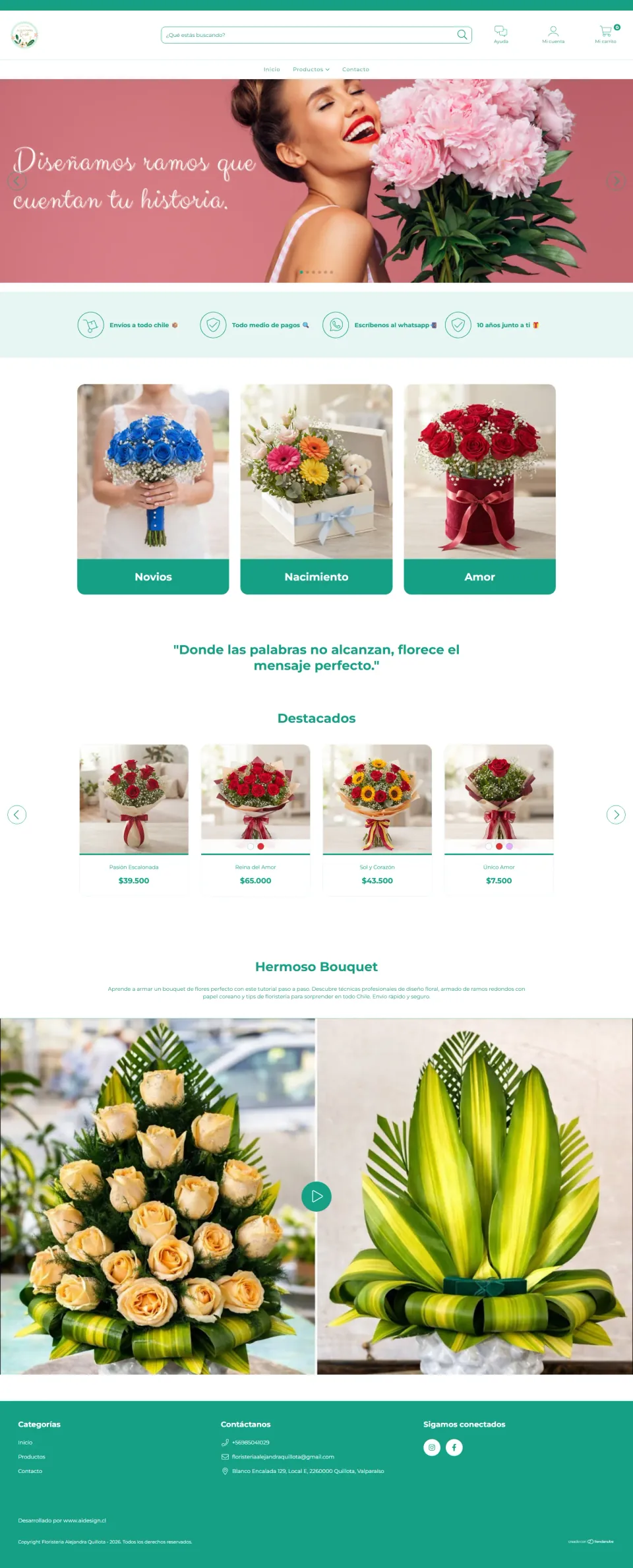 Sitio web de Floristería Alejandra, florería y decoración en Quillota, diseñado por AIdesign.cl