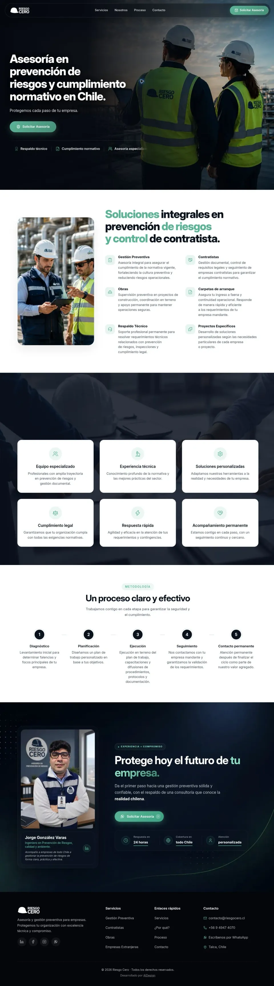 Sitio web de Riesgo Cero Asesorías, prevención de riesgos y cumplimiento normativo en Chile, diseñado por AIdesign.cl